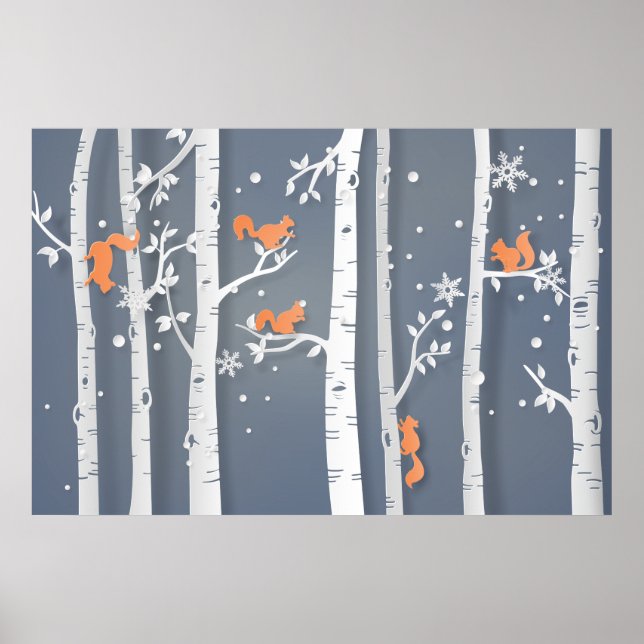 Red Squirrels White Cypress Trees Papercut Poster (Front)