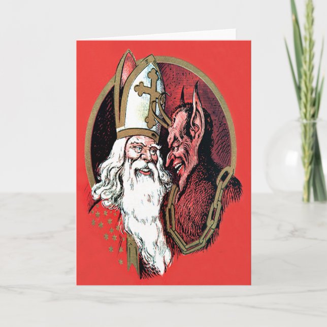 Red St Nicholas Krampus Holiday Card (Front)