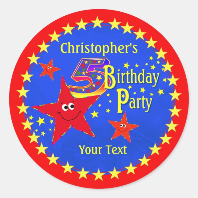 Red Star 5th Birthday Party Round Sticker (Front)