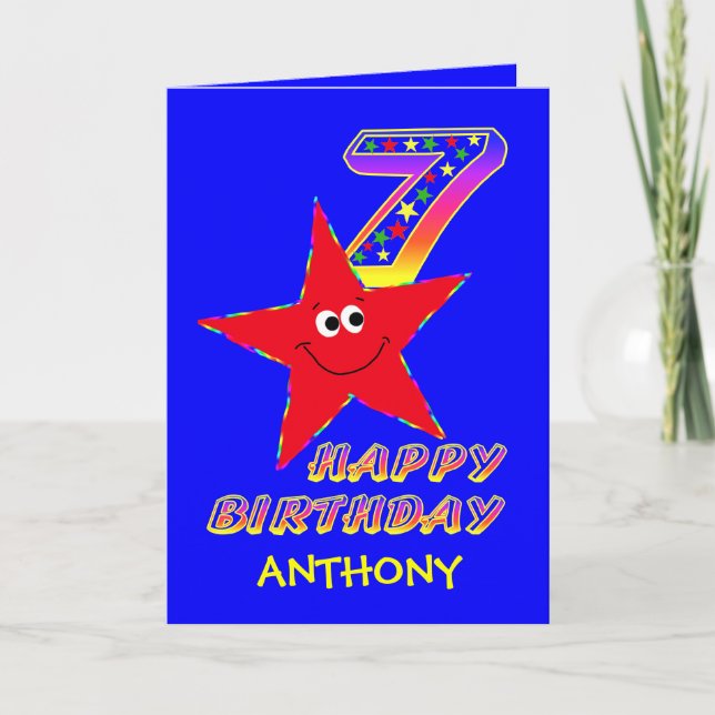 Red Star 7th Birthday Custom Name Card (Front)