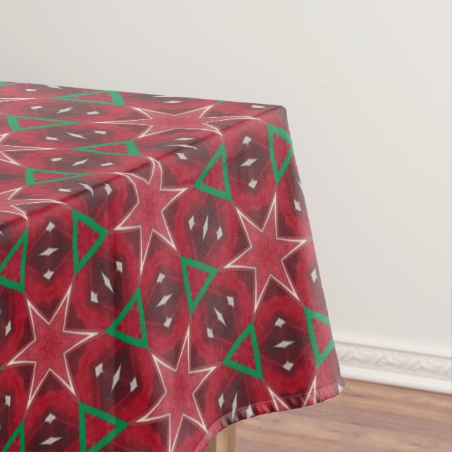 Red Star and Green Geometric Christmas Pattern Tablecloth (In Situ)