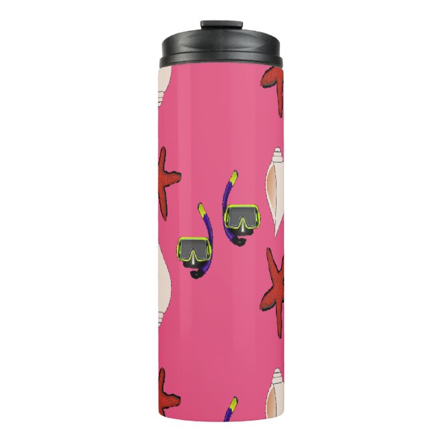 Red star fish, scuba and shells on pink thermal tumbler (Front)