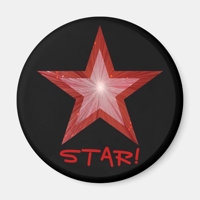 Red Star fridge 'STAR!' magnet round black (Front)