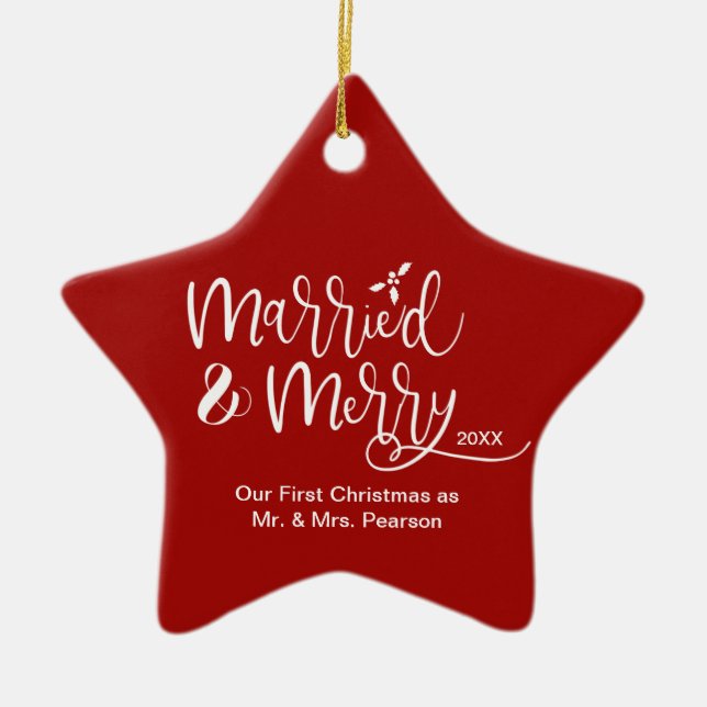 Red Star Our First Christmas Married Merry Photo Ceramic Ornament (Front)