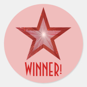 Red Star 'WINNER!' round sticker pale pink