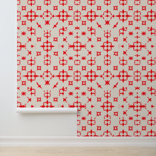 Red Starburst Geometric Pattern on Beige Wallpaper