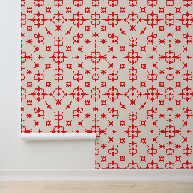 Red Starburst Geometric Pattern on Beige Wallpaper (Application)