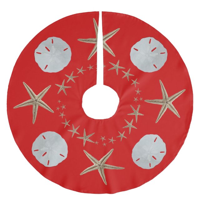Red Starfish and Sand dollar Christmas Tree Skirt (Front)