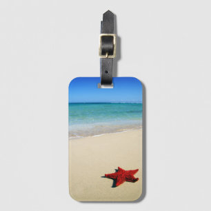 Red Starfish On White Sand Beach Luggage Tag