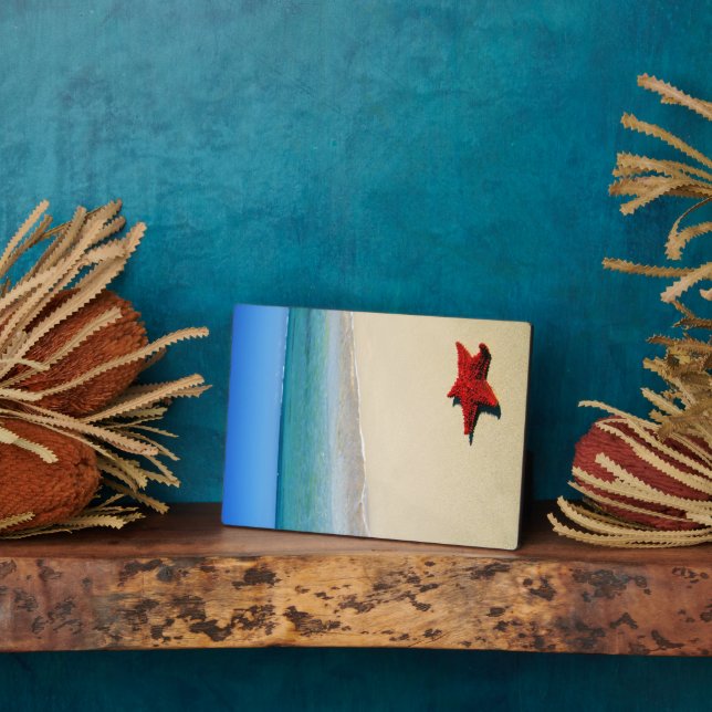 Red Starfish On White Sand Beach Plaque (Side)