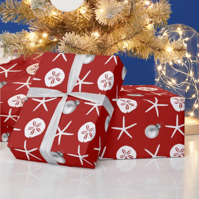 Red Starfish Sand Dollar Tropical Christmas Wrapping Paper (Holidays)