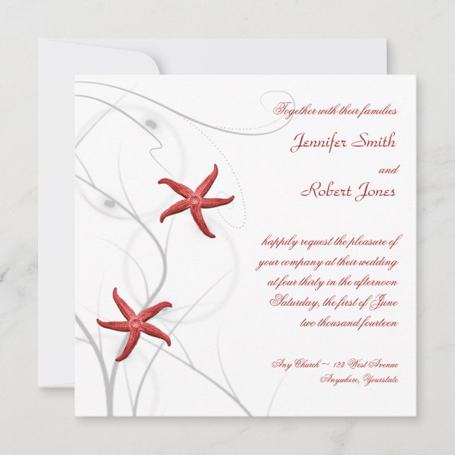 Red Starfish with Silver Coral Wedding Invitation (Front)