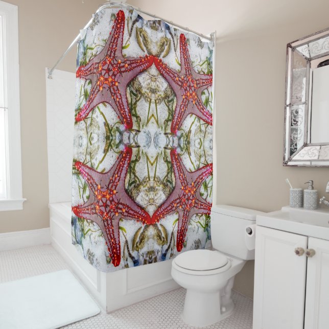Red starfish x-large pattern shower curtain (In Situ)