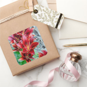 Red Stargazer Lily Flower, Canadian Photography Square Sticker