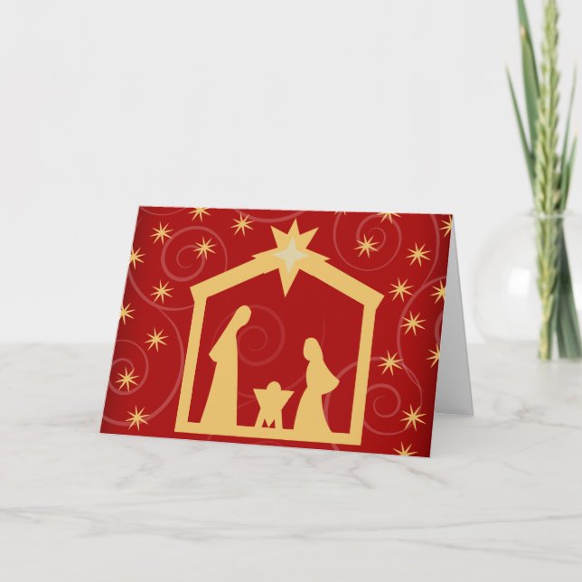 Red Starry Night Christmas Nativity Greeting Card (Front)