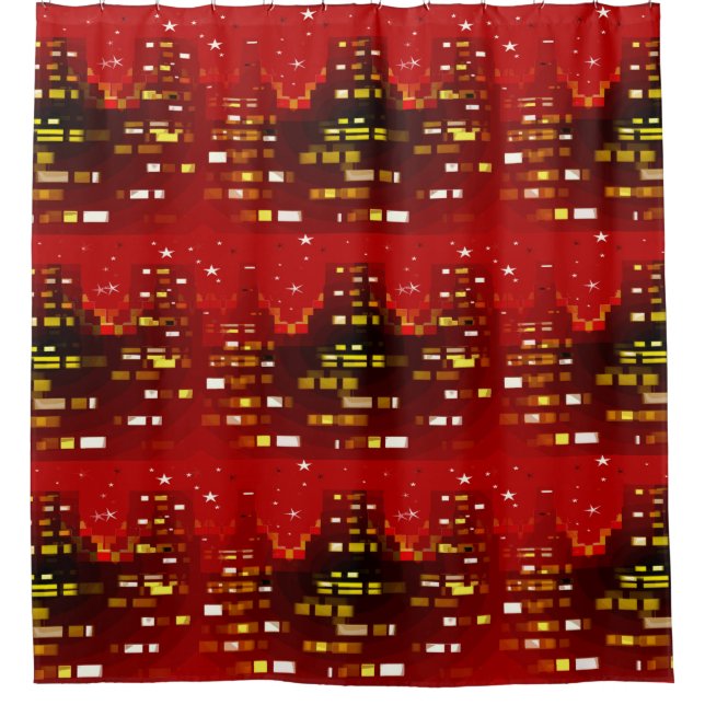 Red Starry Night City Skyline Abstract Pattern Shower Curtain (Front)