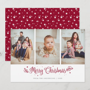 Red Stars Calligraphy Christmas 3 Photo Cards