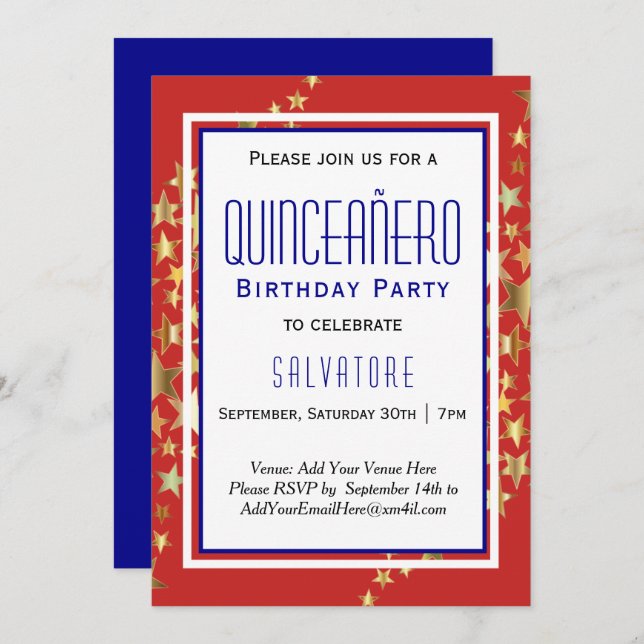 Red Stars Quinceañero 15th Birthday BOY  Invitation (Front/Back)