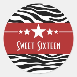 Red Stars Zebra Print Sweet 16 Stickers