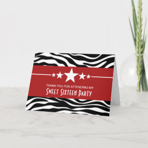 Red Stars Zebra Print Sweet 16 Thank You Card