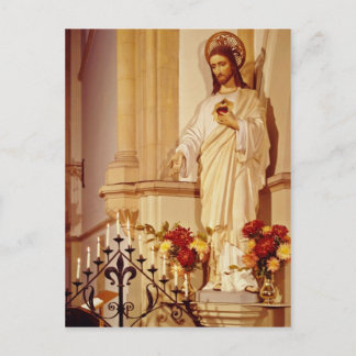 Red Statue of Christ with open palm showing stigma Postcard