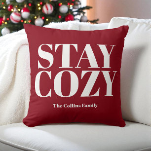 Red Stay Cosy Festive Typography White Family Name Cushion