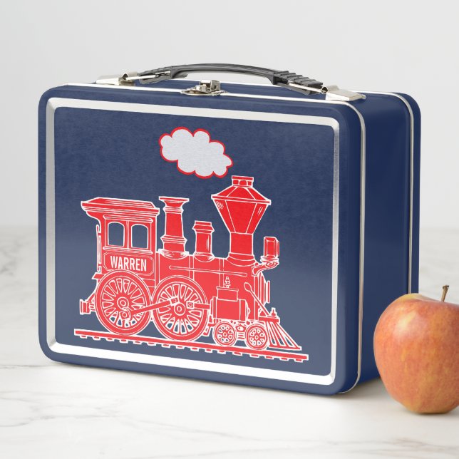 Red steam loco train kids name lunch box (In Situ)