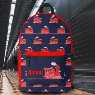 Red steam train kids named printed backpack