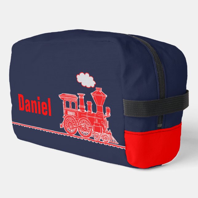 Red steam train kids named travel dopp kit (Left Corner)