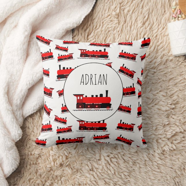 Red Steam Train Pattern Customised Name Cushion (Blanket)