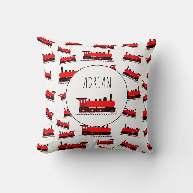 Red Steam Train Pattern Customised Name Cushion (Front)