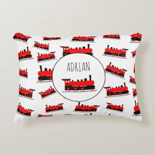 Red Steam Train Pattern Customised Name Decorative Cushion