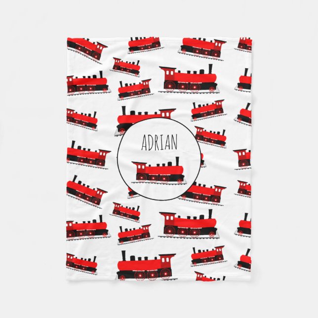 Red Steam Train Pattern Customised Name Fleece Blanket (Front)