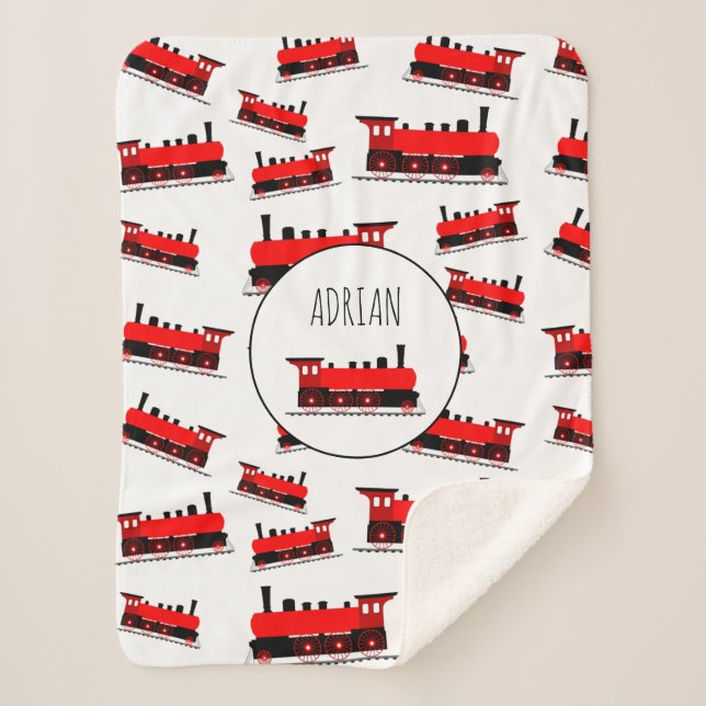 Red Steam Train Pattern Customised Name Sherpa Blanket (Front)
