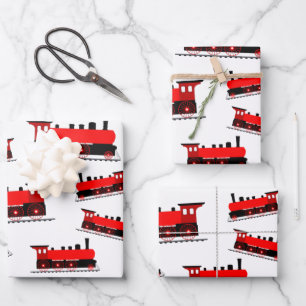 Red Steam Train Pattern Wrapping Paper Sheet
