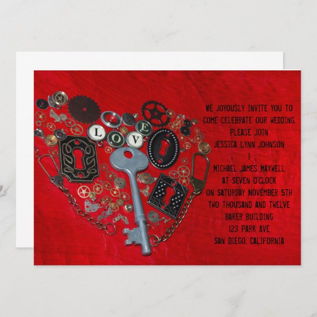 Red Steampunk Heart Wedding Invitation (Front/Back)