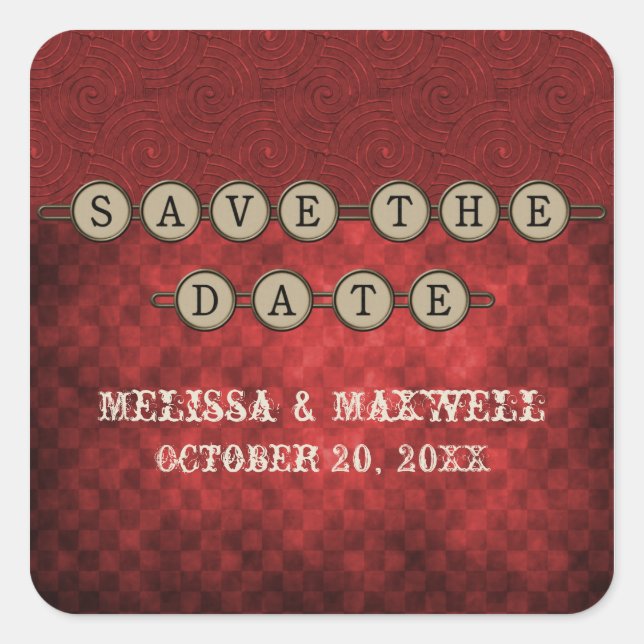 Red Steampunk Keys Save the Date Stickers (Front)