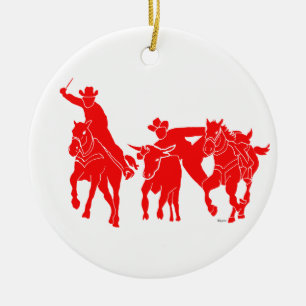 Red Steer Wrestler Ceramic Tree Decoration