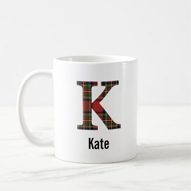 Red Stewart Plaid Monogram K Mug (Left)