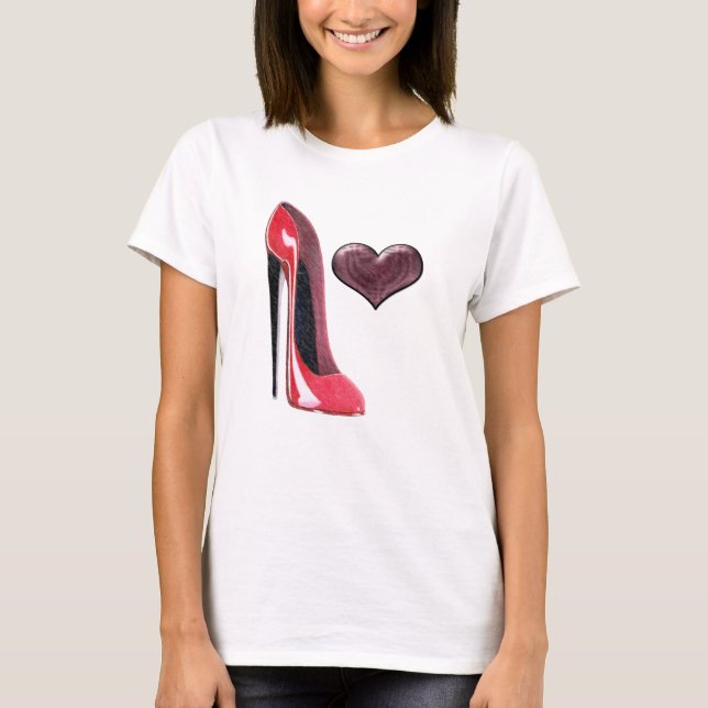 Red Stiletto Shoe and 3D Heart Design T-Shirt (Front)