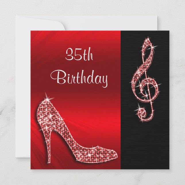 Red Stiletto & Treble Cleft 35th Birthday Invitation (Front)