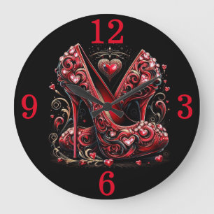 Red Stilettos and Hearts Large Clock