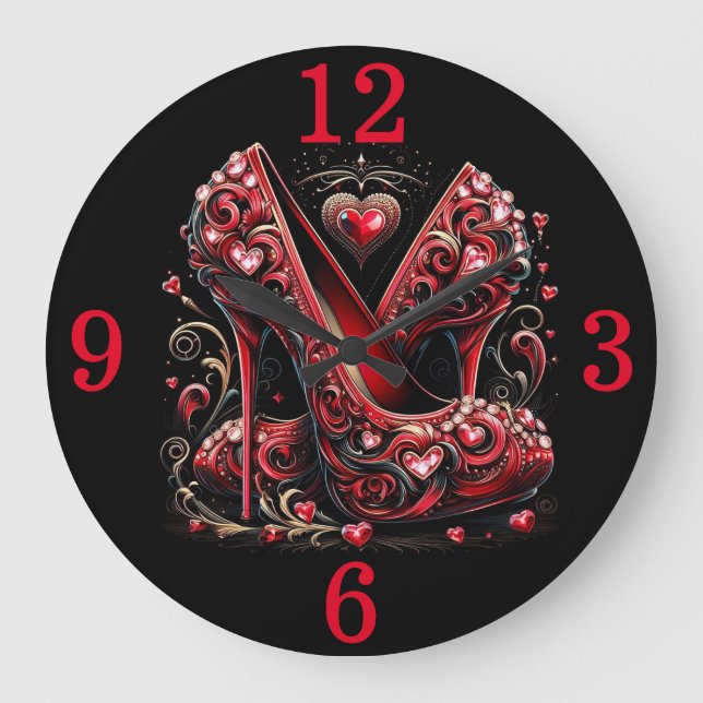 Red Stilettos and Hearts Large Clock (Front)