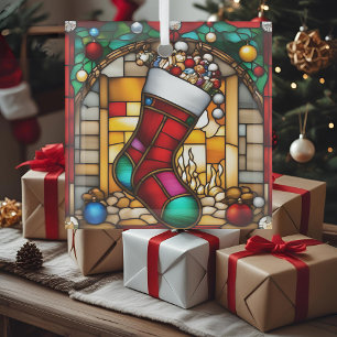 Red Stocking Faux Stained Glass Tree Decoration