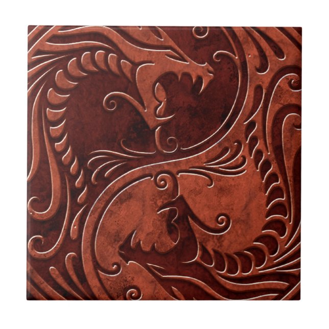 Red Stone Yin Yang Dragons Tile (Front)
