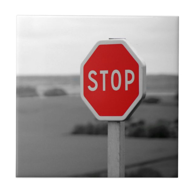 Red Stop Road Sign Minimalist Photography Poster Ceramic Tile (Front)
