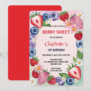 Red strawberries 1st Birthday Party for kids Invitation