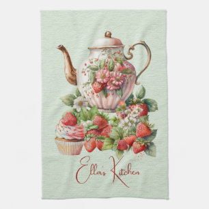 Red Strawberries and Desserts Tea Time Tea Towel