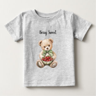 Red Strawberries Berry Sweet Green Bow Teddy Bear Baby T-Shirt