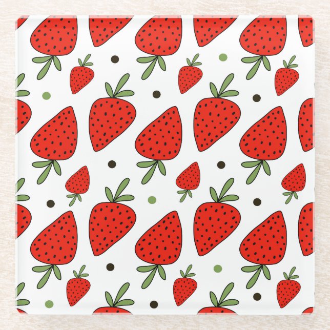 Red Strawberries Cartoon Seamless Pattern Glass Coaster (Front)